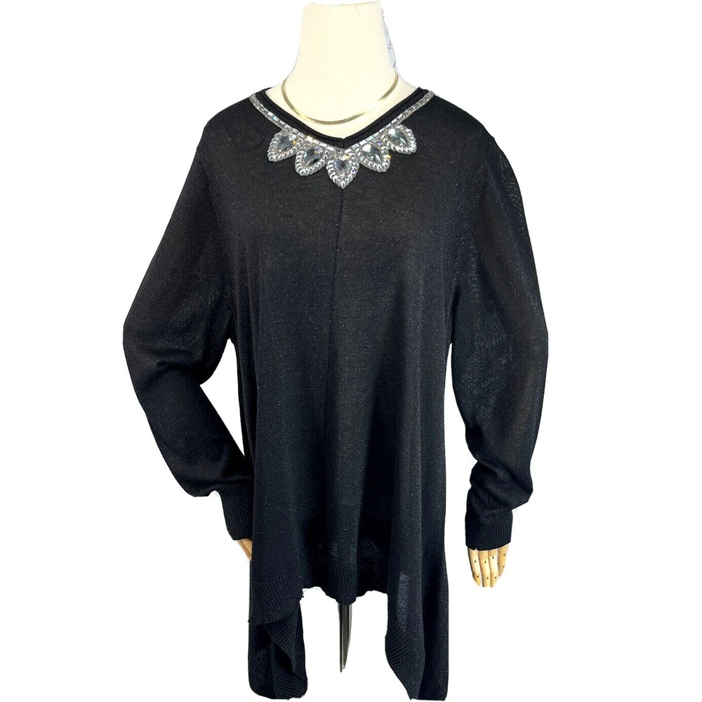Joseph A. Black Rhinestone V Neck Shark Bite Hem Party Dressy Sweater Womens 2X